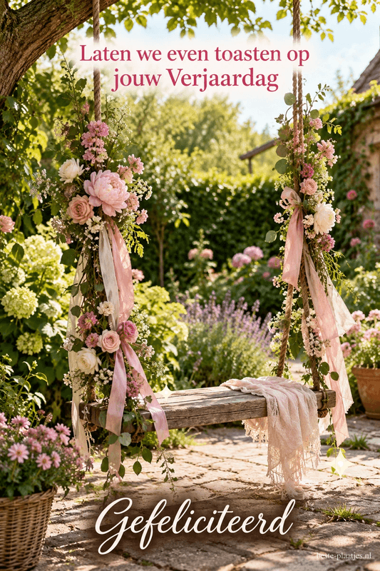Een met rozen en linten versierde schommel hangt in een tuin in de zomer, met de tekst Laten we even toasten op jouw Verjaardag en Gefeliciteerd.