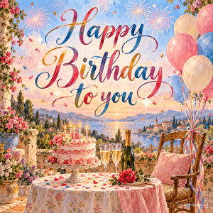Een versierde tafel met verjaardagstaart, champagne en ballonnen staat in de zomer op een bloemrijk terras aan het water, onder de tekst Happy Birthday to you.