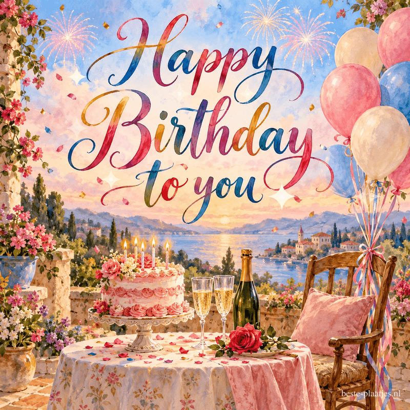 Een versierde tafel met verjaardagstaart, champagne en ballonnen staat in de zomer op een bloemrijk terras aan het water, onder de tekst Happy Birthday to you.