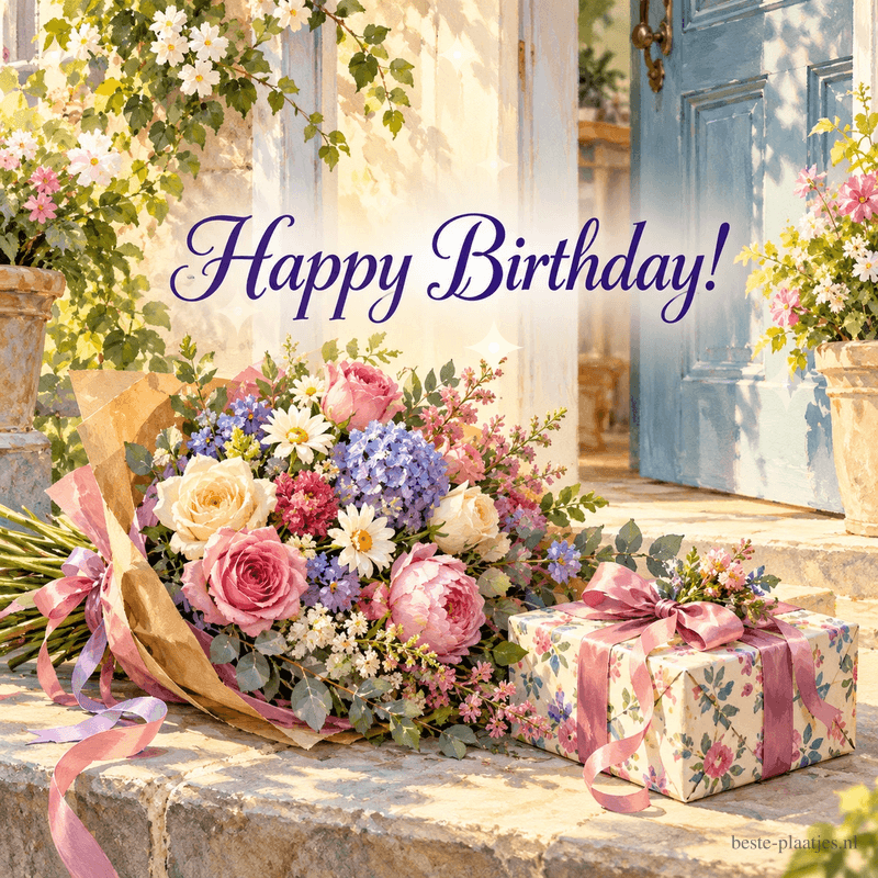 Een kleurrijk boeket met rozen ligt naast een cadeau met een roze strik bij een blauwe voordeur, met de tekst Happy Birthday!