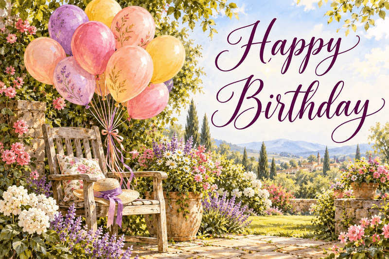Een bos pastelkleurige ballonnen vastgemaakt aan een houten tuinstoel in een bloeiende tuin, met de tekst Happy Birthday.