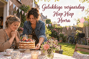Een zittende vrouw kijkt blij naar de verjaardagstaart die een andere vrouw neerzet in de tuin, met de tekst Gelukkige verjaardag Hiep Hiep Hoera.