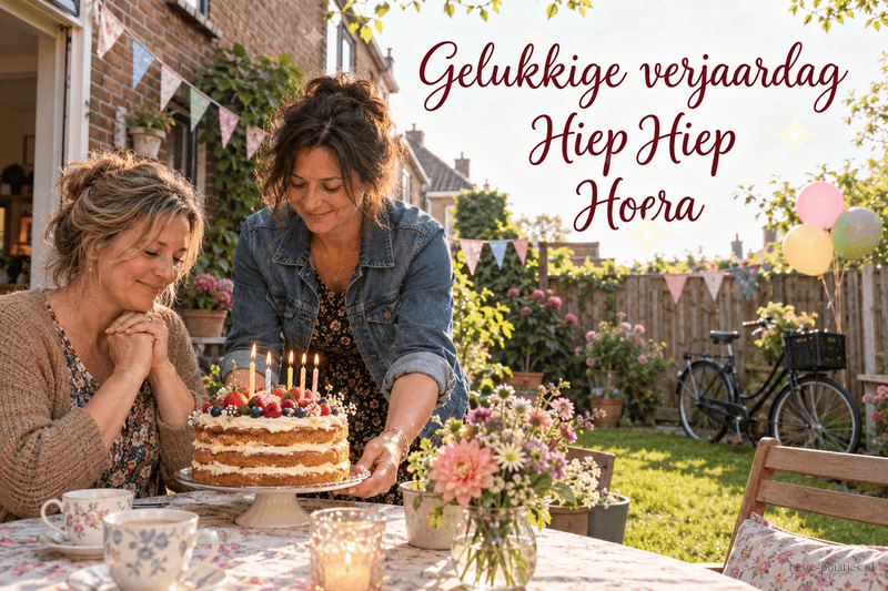 Een zittende vrouw kijkt blij naar de verjaardagstaart die een andere vrouw neerzet in de tuin, met de tekst Gelukkige verjaardag Hiep Hiep Hoera.