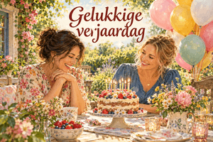 Twee lachende vrouwen zitten aan een feestelijk gedekte tuintafel met een verjaardagstaart, bloemen en ballonnen, onder de tekst Gelukkige verjaardag.