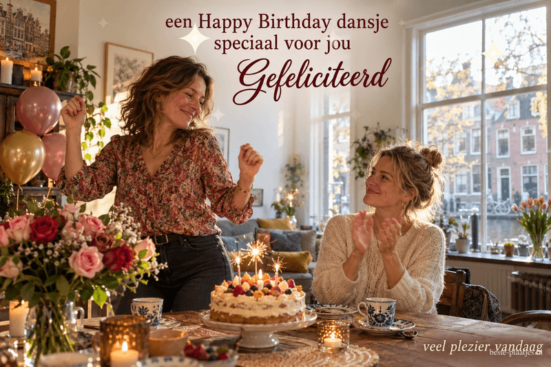 Een vrouw danst naast een jarige aan tafel met taart en een tulp bij het raam, onder de tekst Gefeliciteerd.