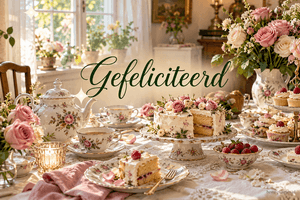 Een taart met roze rozen staat op een gedekte tafel met een gebloemde theepot, kopjes en aardbeien, onder de tekst Gefeliciteerd.