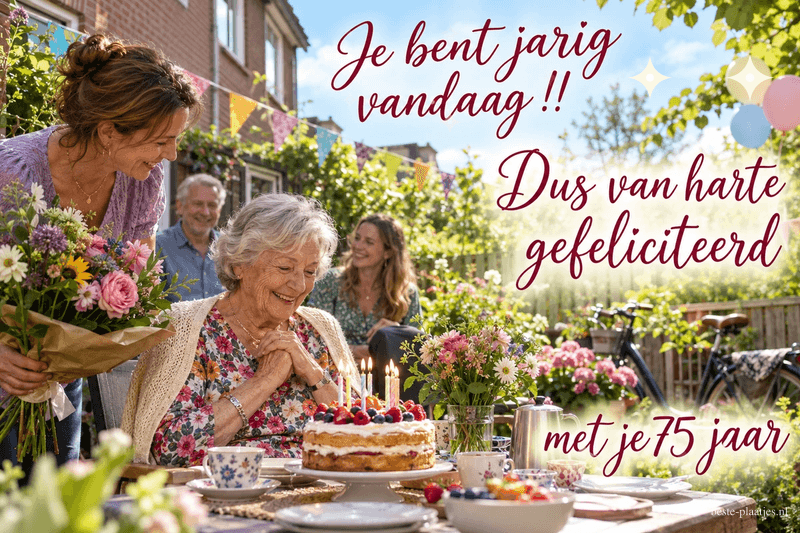 Een oudere vrouw zit met gasten rond een verjaardagstaart in de tuin, met de tekst Je bent jarig vandaag !! Dus van harte gefeliciteerd met je 75 jaar.