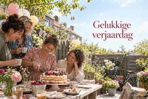 Vier vrouwen zitten rond een verjaardagstaart met fruit in een zonnige tuin, met de tekst Gelukkige verjaardag.