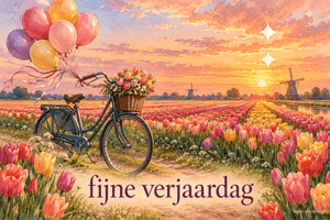 Een fiets met ballonnen en een bloemenmand staat in de lente tussen tulpenvelden bij zonsondergang, met de tekst fijne verjaardag.
