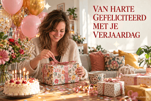 Een lachende vrouw maakt een cadeau open aan een feesttafel met taart, bloemen en ballonnen, naast de tekst VAN HARTE GEFELICITEERD MET JE VERJAARDAG.