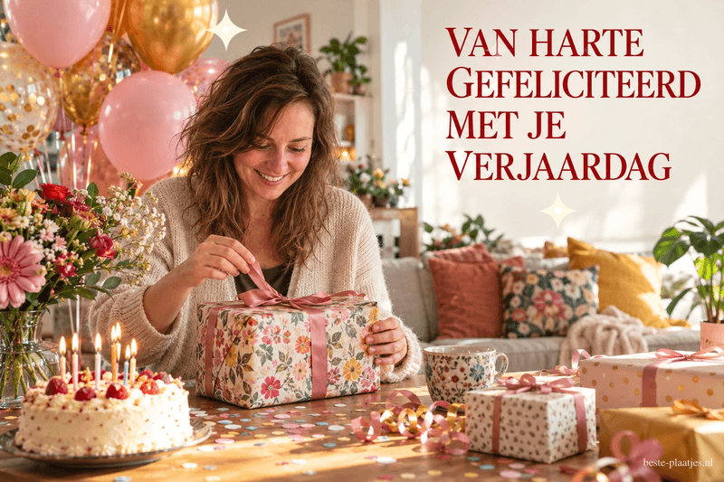 Een lachende vrouw maakt een cadeau open aan een feesttafel met taart, bloemen en ballonnen, naast de tekst VAN HARTE GEFELICITEERD MET JE VERJAARDAG.