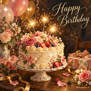 Een rijkversierde verjaardagstaart met bloemen, bessen en brandende sterretjes staat naast een cadeau en ballonnen, met rechtsboven de tekst Happy Birthday.
