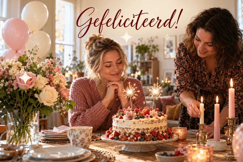 Een vrouw kijkt glimlachend naar een verjaardagstaart met sterretjes terwijl een andere vrouw de kaarsen verzorgt, onder de tekst Gefeliciteerd!