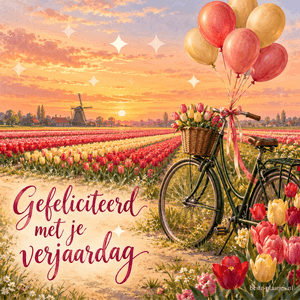 Een fiets met bloemen en ballonnen staat in de lente bij tulpenvelden en een molen, met de tekst Gefeliciteerd met je verjaardag.