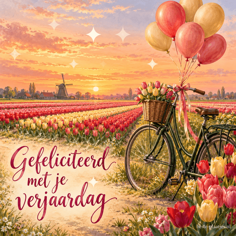 Een fiets met bloemen en ballonnen staat in de lente bij tulpenvelden en een molen, met de tekst Gefeliciteerd met je verjaardag.