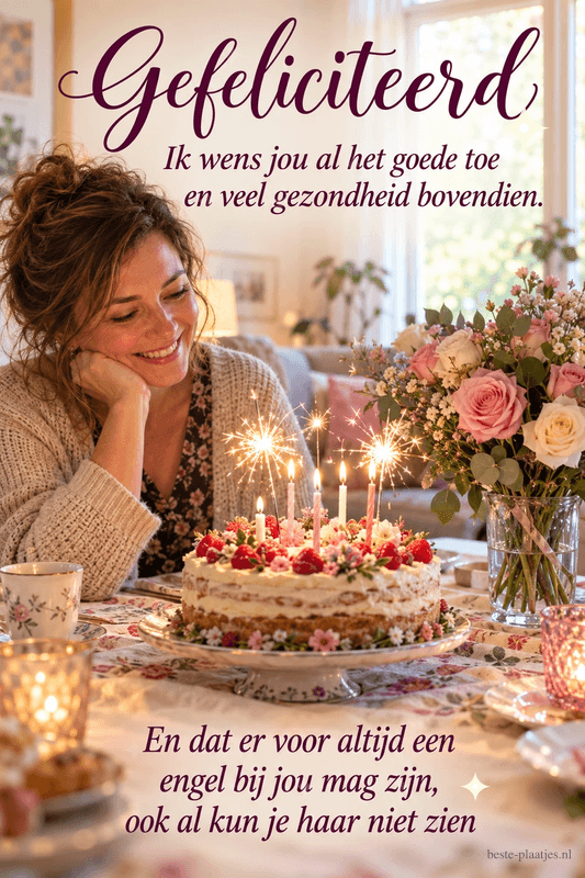 Een glimlachende vrouw zit aan een gedekte tafel met bloemen en een verjaardagstaart met brandende sterretjes, onder de tekst Gefeliciteerd.