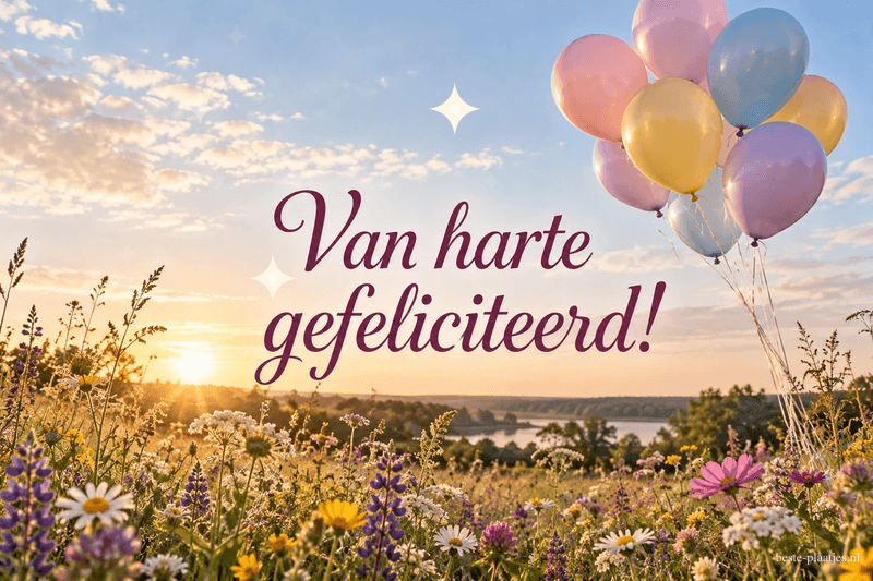 Boven een weide vol wilde bloemen zweven pastelkleurige ballonnen in het warme licht van de zomer, naast de tekst Van harte gefeliciteerd!