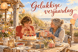 Twee vrouwen vieren een verjaardag op een strandterras in de zomer, met taart, cadeautjes en de tekst Gelukkige verjaardag.