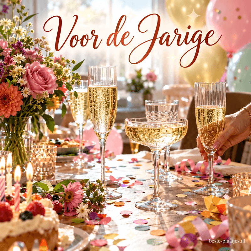 Op een feesttafel staan champagneglazen, bloemen en een taart tussen confetti en slingers, terwijl iemand een glas vasthoudt onder de tekst Voor de Jarige.