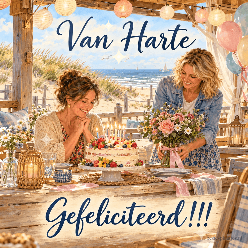 Twee vrouwen vieren in de zomer een verjaardag aan een versierde tafel bij het strand, met de tekst Van Harte Gefeliciteerd!!!