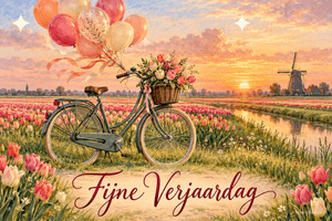 Een fiets met ballonnen en een bloemenmand staat bij tulpenvelden en een molen in de lente, met de tekst Fijne Verjaardag.