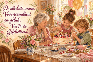 Een oma bekijkt met twee kinderen een verjaardagstaart met het getal 75, naast de tekst De allerbeste wensen Voor gezondheid en geluk Van Harte Gefeliciteerd.