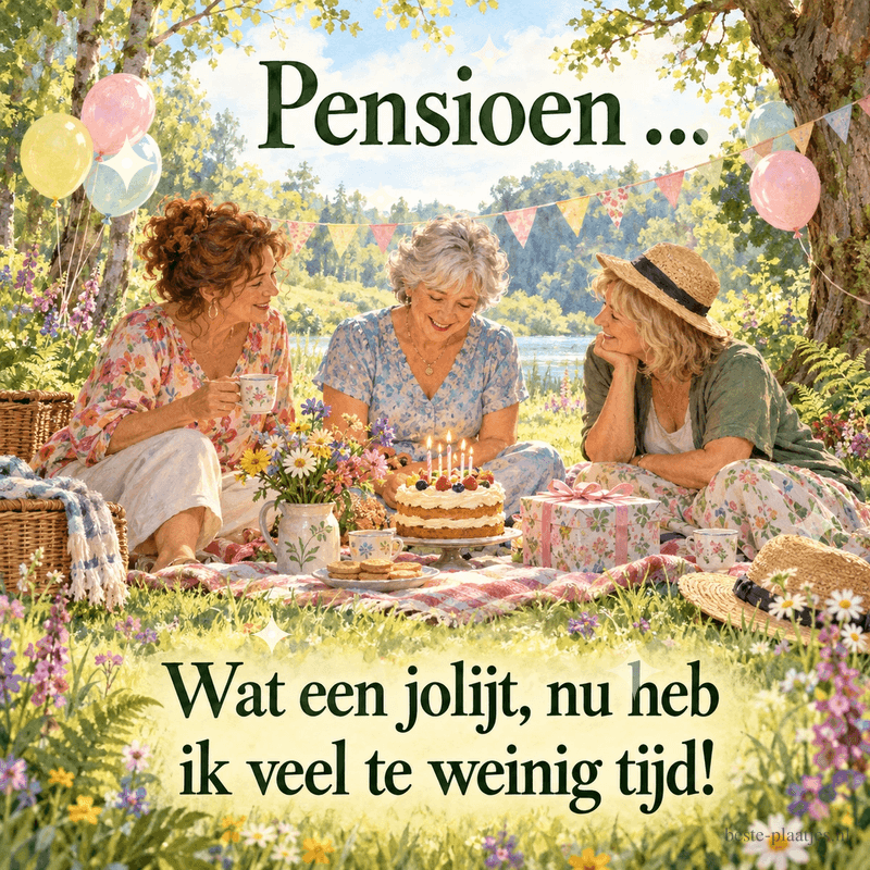 Drie vrouwen vieren in de zomer een pensioen met taart en cadeaus, met de tekst Pensioen ... Wat een jolijt, nu heb ik veel te weinig tijd!