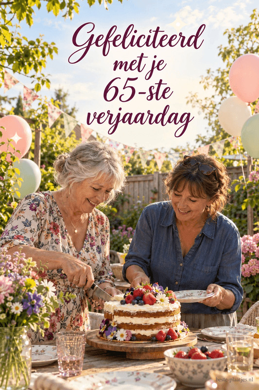 Twee vrouwen snijden een met fruit en bloemen versierde taart in een tuin met ballonnen, onder de tekst Gefeliciteerd met je 65-ste verjaardag.