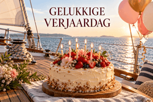 Een taart met fruit, bloemen en brandende kaarsjes staat in de zomer op het dek van een zeilboot, onder de tekst GELUKKIGE VERJAARDAG.