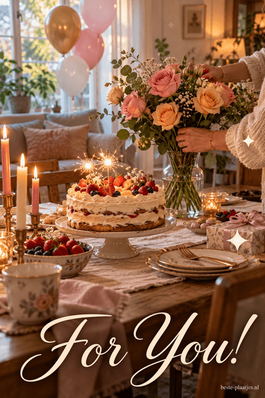 Iemand schikt rozen naast een taart met brandende sterretjes op een feestelijk gedekte tafel, met onderaan de tekst For You!