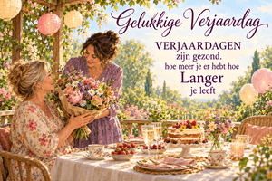 Een vrouw geeft een jarige vrouw bloemen aan een feestelijk gedekte tuintafel, met de tekst Gelukkige Verjaardag en een spreuk over verjaardagen.