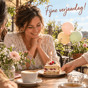Een lachende vrouw zit buiten aan een feestelijk gedekte tafel met taart, bloemen en ballonnen, met de tekst Fijne verjaardag!