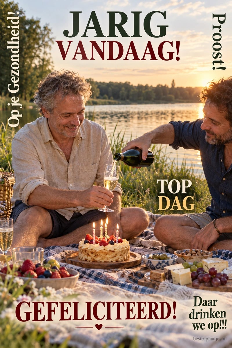 Twee mannen vieren in de zomer een verjaardag aan het meer, met de teksten JARIG VANDAAG!, TOP DAG en GEFELICITEERD!