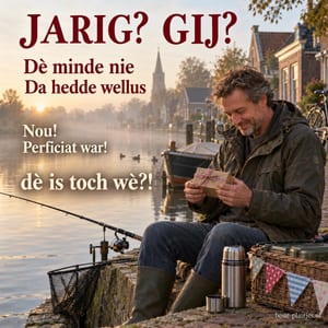Een man met hengels en een thermoskan bekijkt een ingepakt cadeautje aan een dorpsgracht, met de tekst JARIG? GIJ?