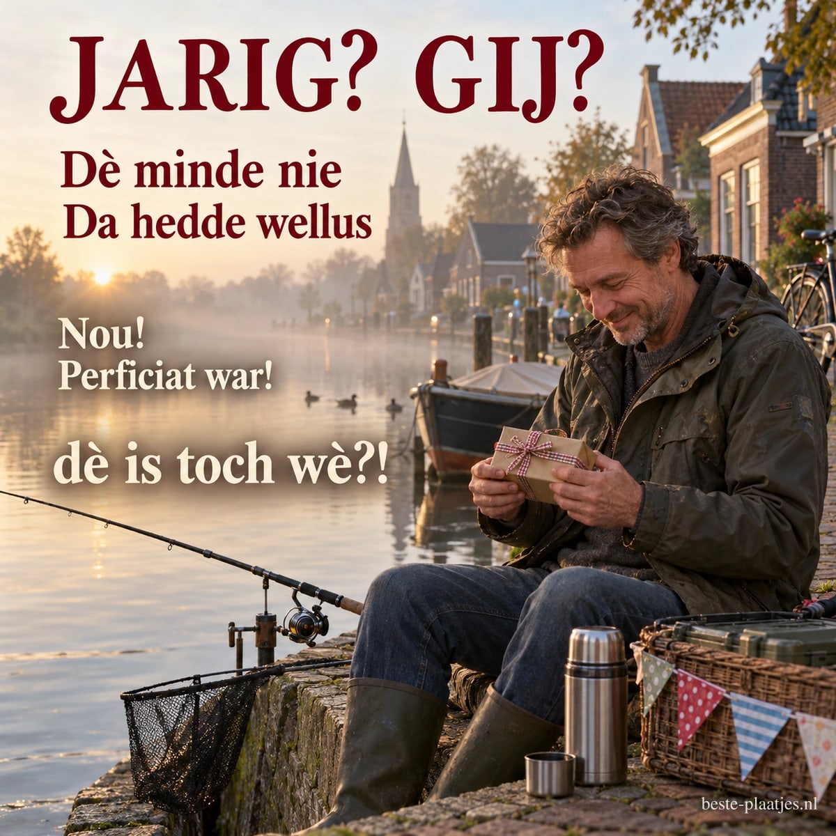 Een man met hengels en een thermoskan bekijkt een ingepakt cadeautje aan een dorpsgracht, met de tekst JARIG? GIJ?