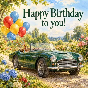 Een groene klassieke cabriolet met rode, gele en blauwe ballonnen staat in de zomer tussen kleurrijke bloemen, met de tekst Happy Birthday to you!