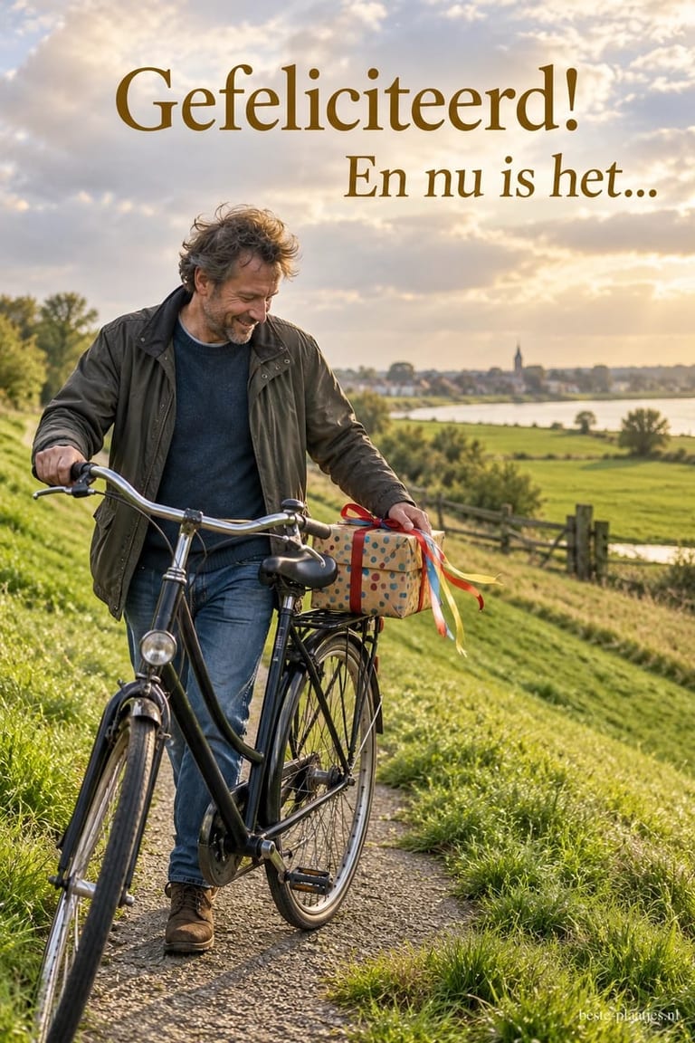 Een glimlachende man duwt een fiets met een ingepakt cadeau over een pad langs het water, onder de tekst Gefeliciteerd! En nu is het...