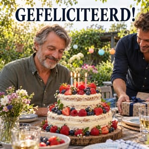 Een grijzende man glimlacht bij een vruchtentaart met brandende kaarsjes, terwijl een andere man een cadeau neerzet, met bovenaan de tekst GEFELICITEERD!