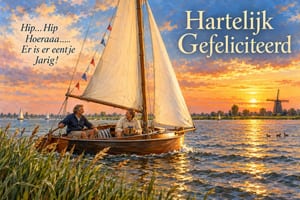 Twee mensen zitten in een houten zeilboot op het water bij zonsondergang, met een molen aan de horizon en de tekst Hartelijk Gefeliciteerd.
