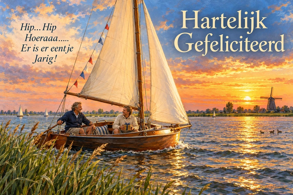 Twee mensen zitten in een houten zeilboot op het water bij zonsondergang, met een molen aan de horizon en de tekst Hartelijk Gefeliciteerd.