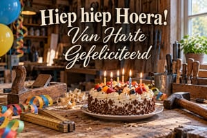 Een taart met fruit en brandende kaarsjes staat tussen houtkrullen, gereedschap en slingers in een werkplaats, met de tekst Hiep hiep Hoera! Van Harte Gefeliciteerd.
