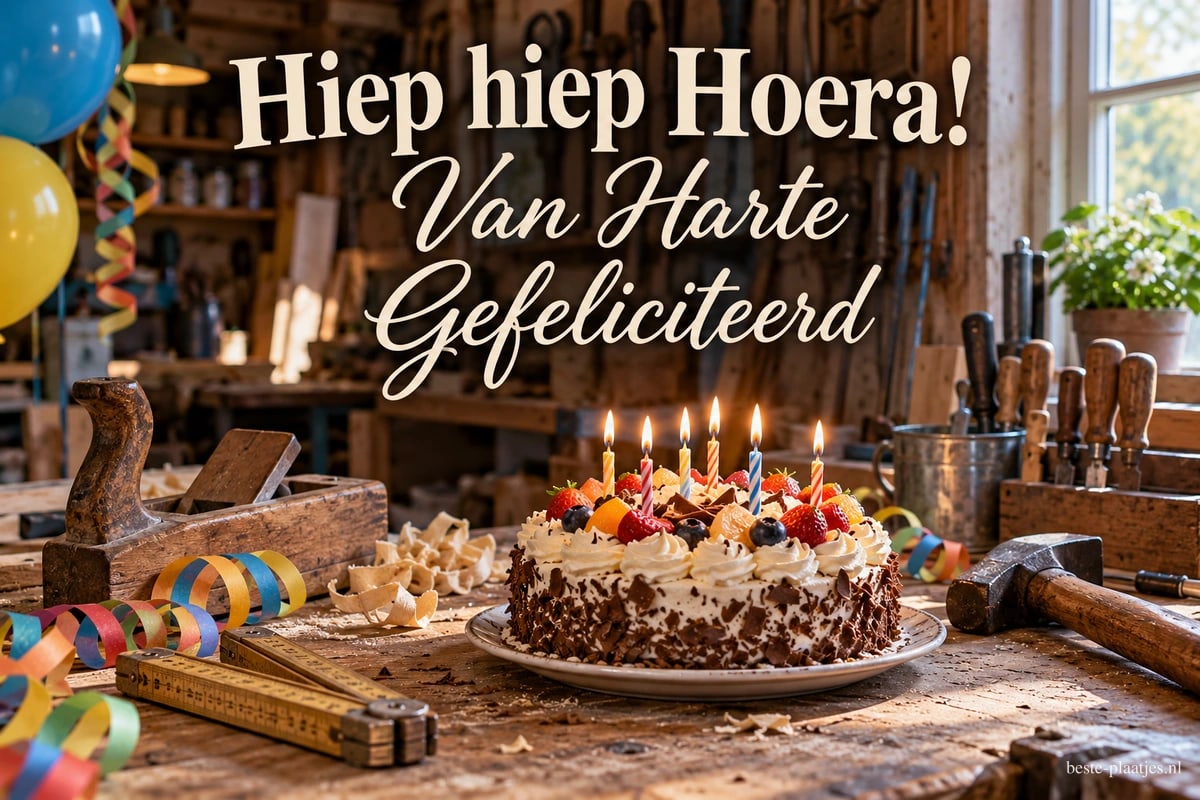 Een taart met fruit en brandende kaarsjes staat tussen houtkrullen, gereedschap en slingers in een werkplaats, met de tekst Hiep hiep Hoera! Van Harte Gefeliciteerd.