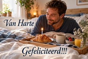 Een glimlachende man ligt achter een dienblad met koffie, fruit, sap en een croissant met een brandend kaarsje, met de tekst Van Harte Gefeliciteerd!!!