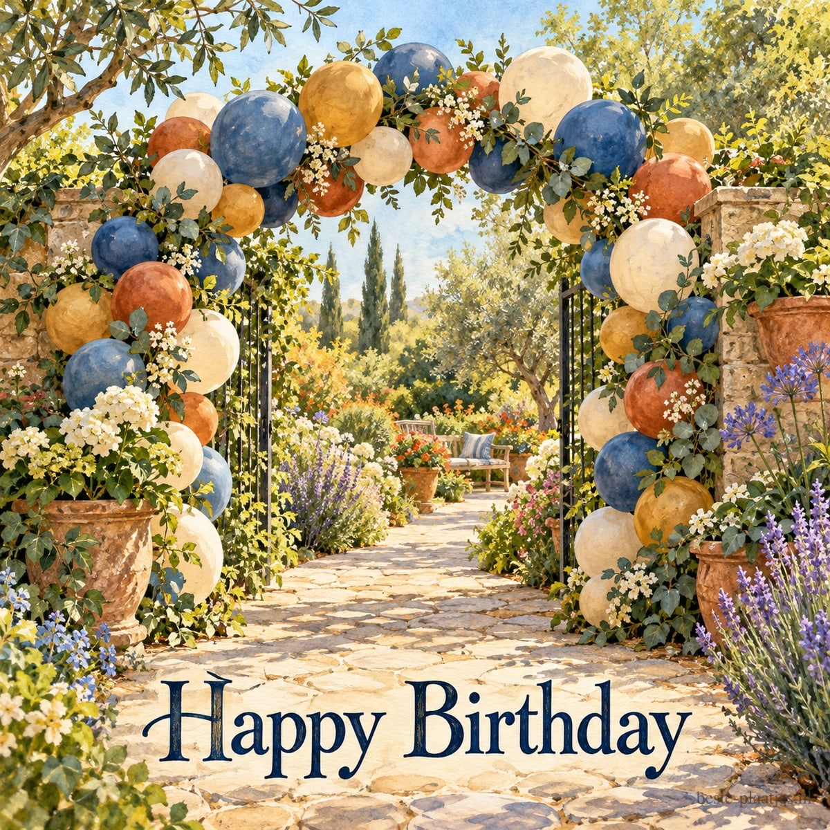 Een boog van blauwe, gele en oranje ballonnen omlijst een open tuinpoort met bloemen in de zomer, met onderaan de tekst Happy Birthday.