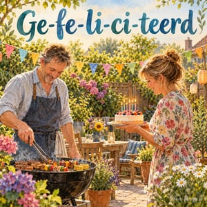 Een man staat bij de barbecue terwijl een vrouw een taart met brandende kaarsjes draagt, tussen bloemen en vlaggetjes in de zomer, met de tekst Ge-fe-li-ci-teerd.