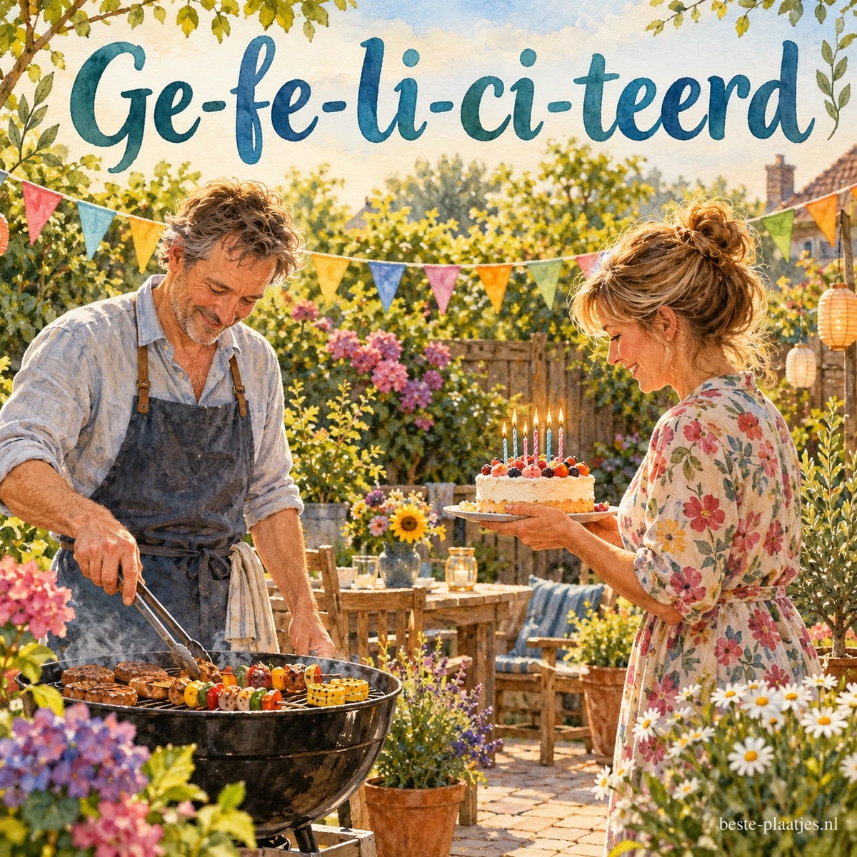 Een man staat bij de barbecue terwijl een vrouw een taart met brandende kaarsjes draagt, tussen bloemen en vlaggetjes in de zomer, met de tekst Ge-fe-li-ci-teerd.