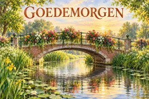 Een stenen brug met kleurrijke bloemen overspant in de zomer een vijver met waterlelies, onder de tekst GOEDEMORGEN.