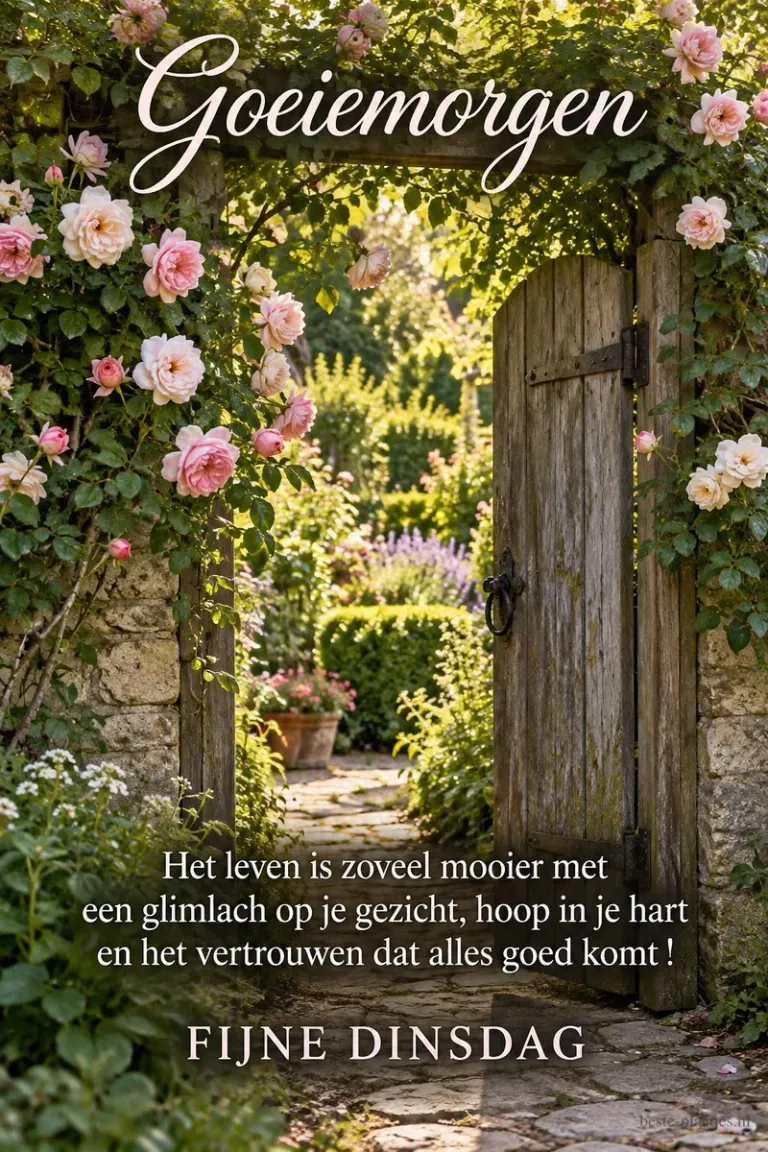 Een open houten poort onder roze klimrozen geeft toegang tot een groene tuin, met bovenaan Goeiemorgen en onder een levenswens de groet FIJNE DINSDAG.