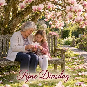 Een oma en haar kleindochter op een tuinbank onder een bloeiende magnolia bekijken samen een bloesemblaadje, met de tekst Fijne Dinsdag.