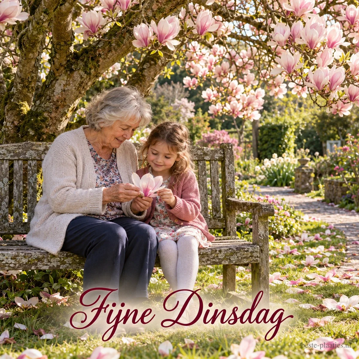 Een oma en haar kleindochter op een tuinbank onder een bloeiende magnolia bekijken samen een bloesemblaadje, met de tekst Fijne Dinsdag. Een oma en haar kleindochter op een tuinbank onder een bloeiende magnolia bekijken samen een bloesemblaadje, met de tekst Fijne Dinsdag.
